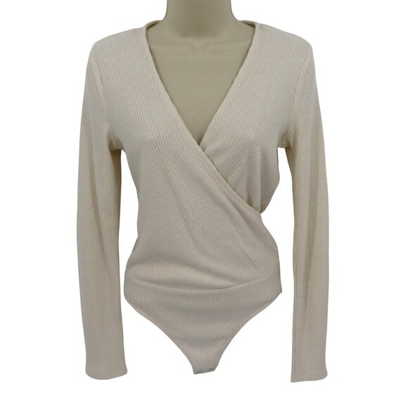 Express Women Small Ivory Ribbed V Neck Wrap Long Sleeve Bodysuit One Piece NEW - Picture 1 of 9